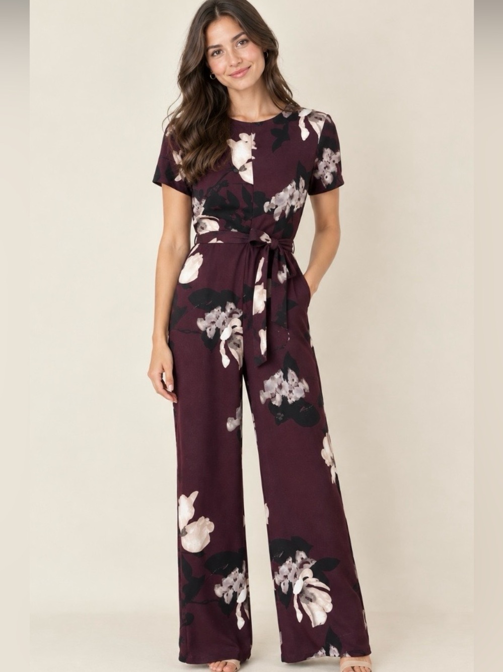 Dex Floral Belted Jumpsuit in Burgundy size small